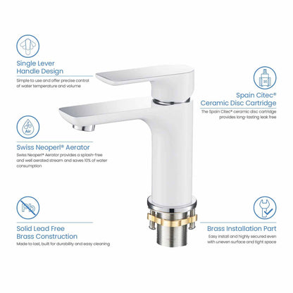 KIBI Tender Single Handle White Solid Brass Bathroom Sink Faucet With Chrome Pop-Up Drain Stopper Small Cover With Overflow