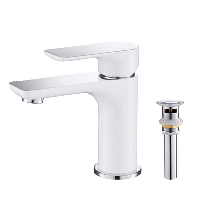 KIBI Tender Single Handle White Solid Brass Bathroom Sink Faucet With Chrome Pop-Up Drain Stopper Small Cover With Overflow