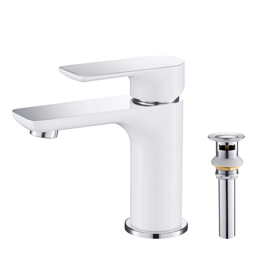 KIBI Tender Single Handle White Solid Brass Bathroom Sink Faucet With Chrome Pop-Up Drain Stopper Small Cover With Overflow