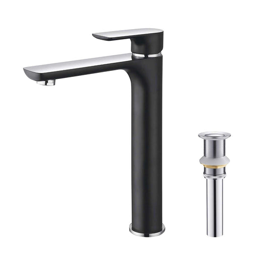 KIBI Tender-T Single Handle Black Solid Brass Bathroom Vessel Sink Faucet With Chrome Pop-Up Drain Stopper Small Cover Without Overflow