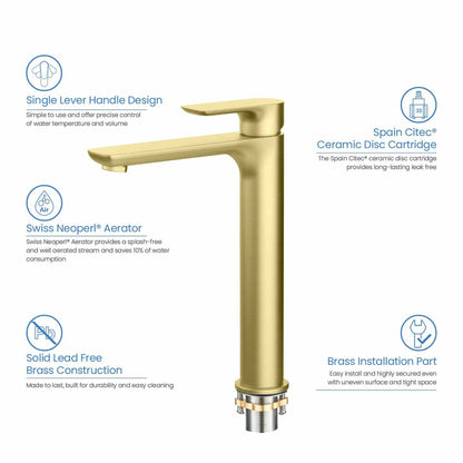 KIBI Tender-T Single Handle Brushed Gold Solid Brass Bathroom Vessel Sink Faucet With Pop-Up Drain Stopper Small Cover Without Overflow