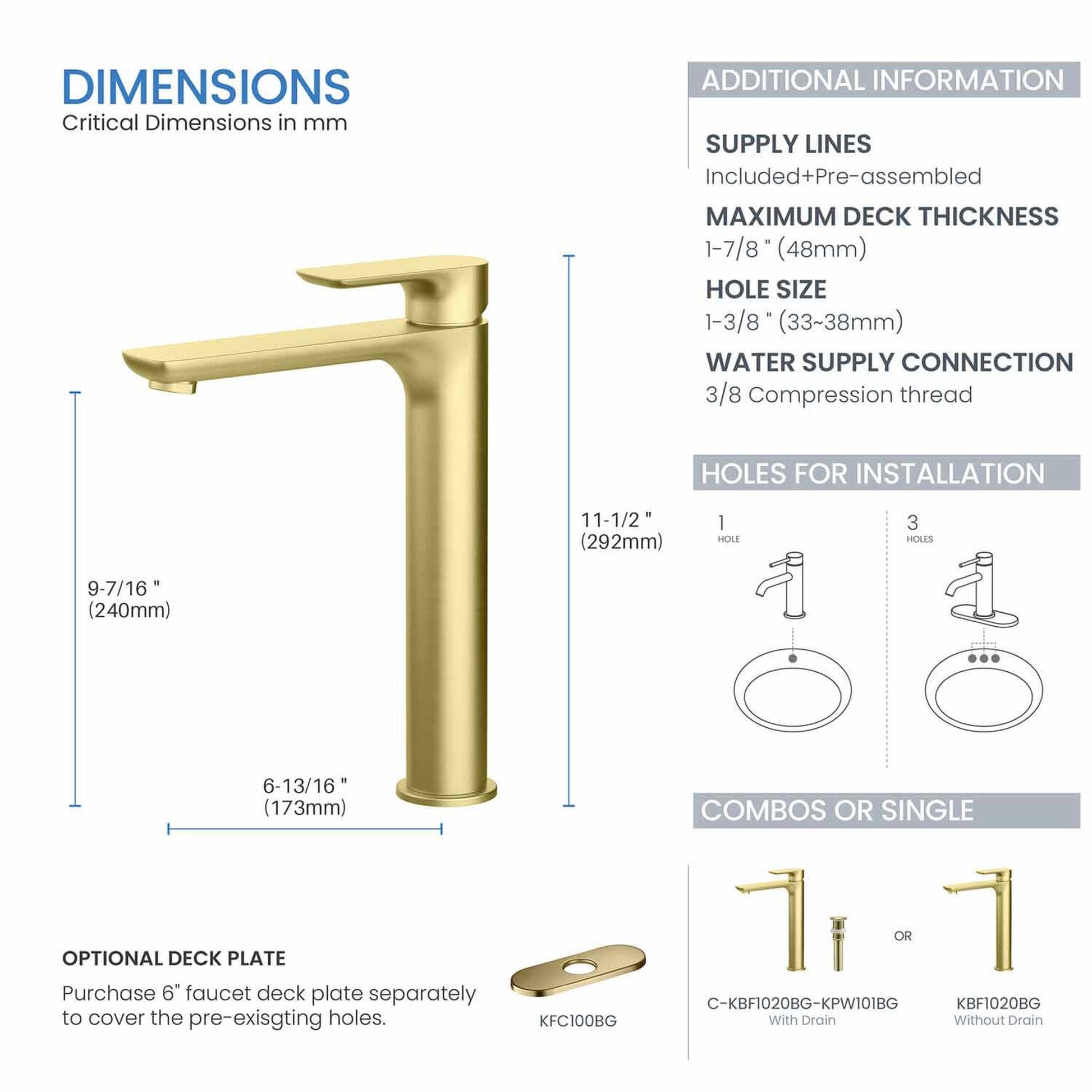 KIBI Tender-T Single Handle Brushed Gold Solid Brass Bathroom Vessel Sink Faucet With Pop-Up Drain Stopper Small Cover Without Overflow