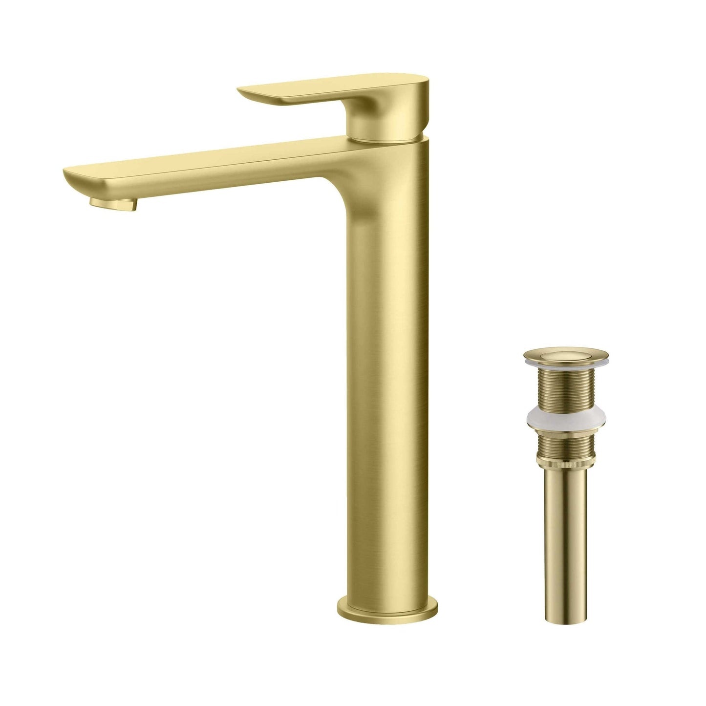 KIBI Tender-T Single Handle Brushed Gold Solid Brass Bathroom Vessel Sink Faucet With Pop-Up Drain Stopper Small Cover Without Overflow