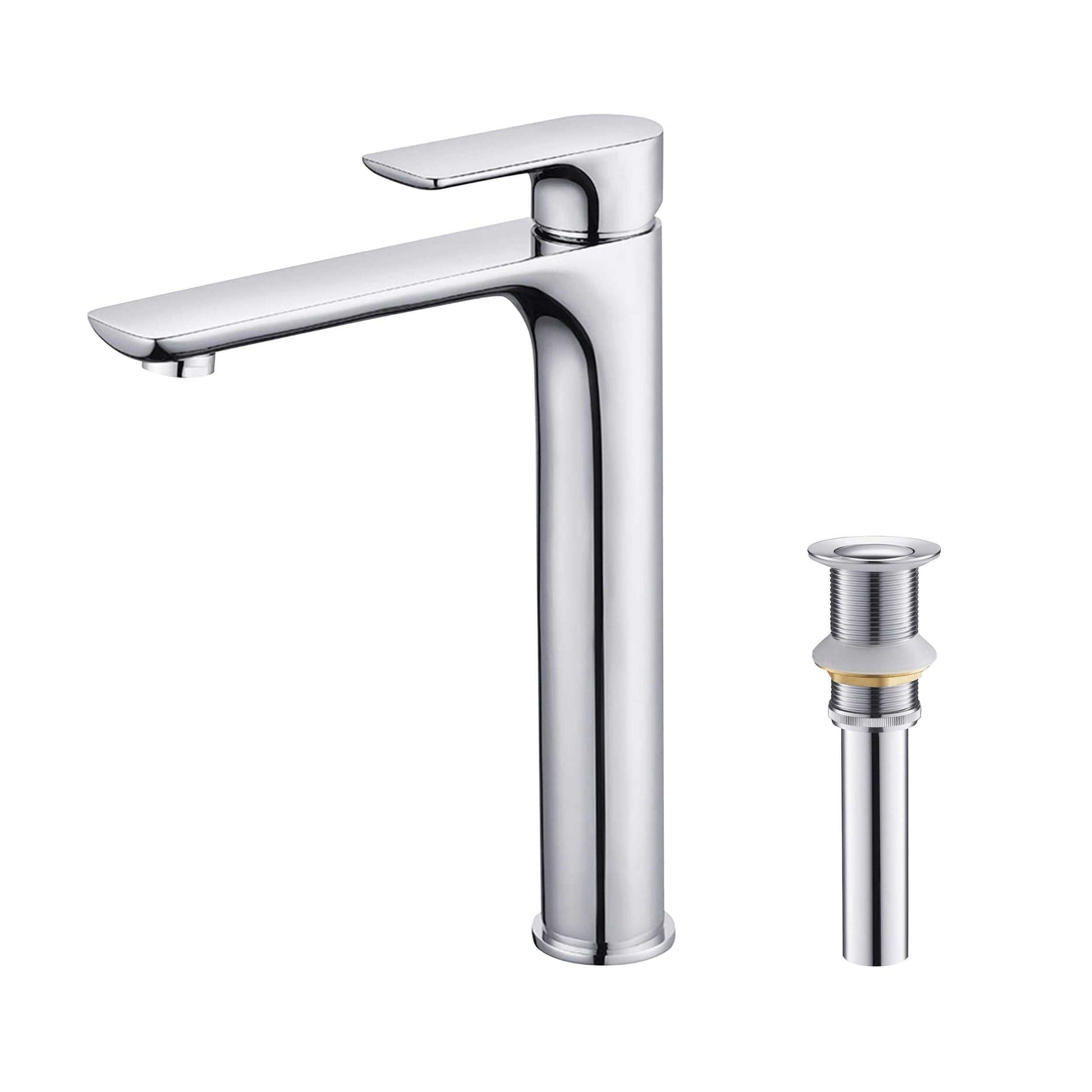 KIBI Tender-T Single Handle Chrome Solid Brass Bathroom Vessel Sink Faucet With Pop-Up Drain Stopper Small Cover Without Overflow