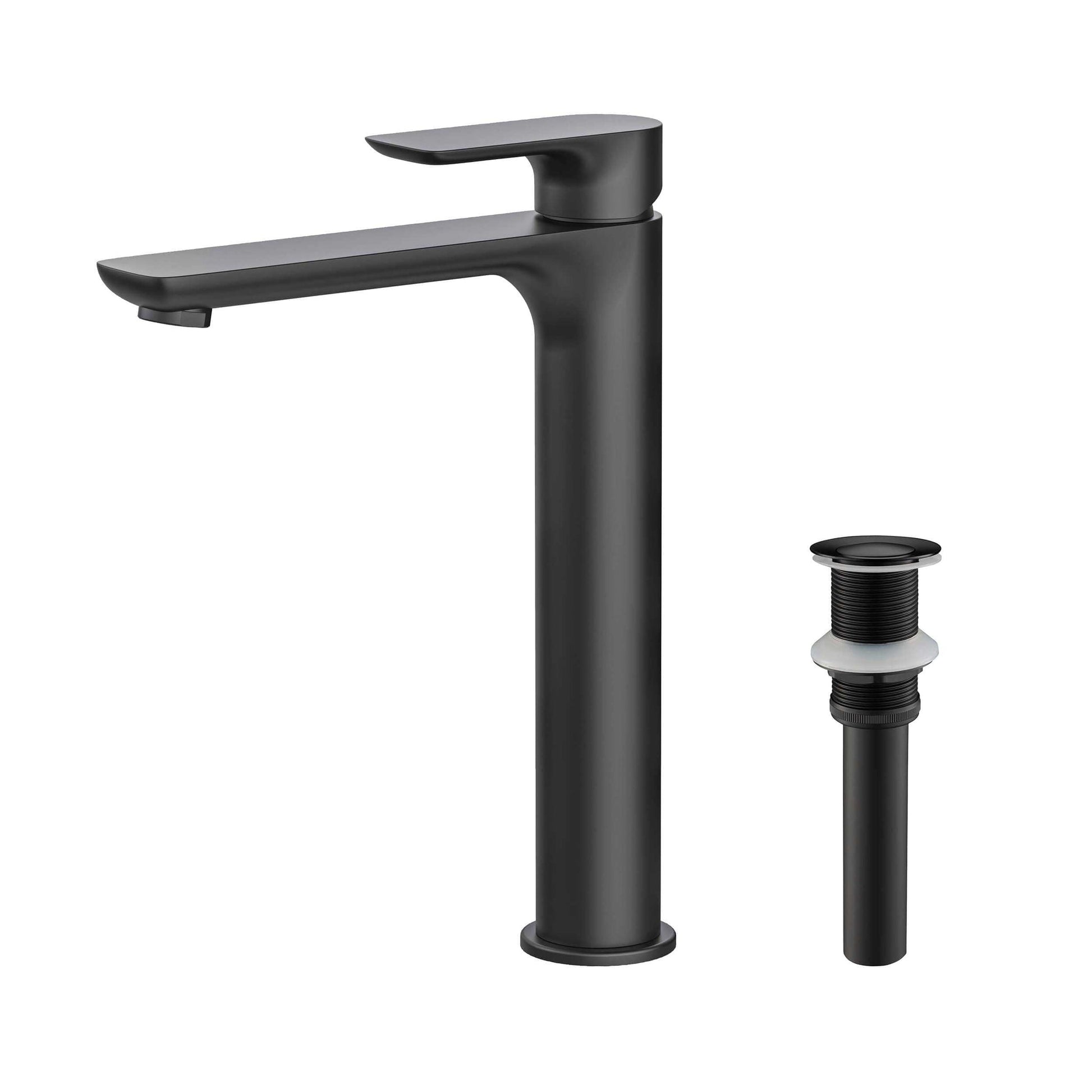 KIBI Tender-T Single Handle Matte Black Solid Brass Bathroom Vessel Sink Faucet With Pop-Up Drain Stopper Small Cover Without Overflow