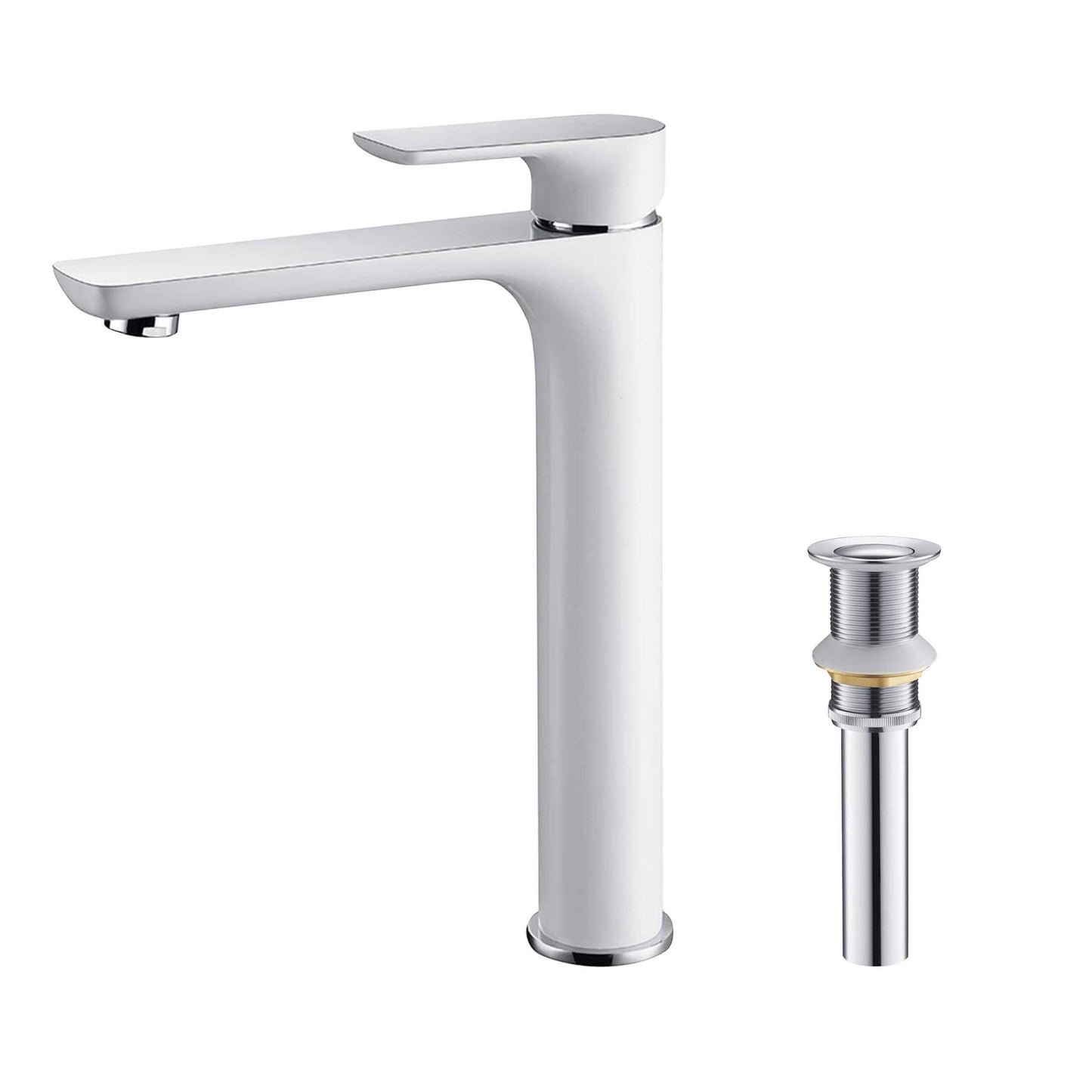 KIBI Tender-T Single Handle White Solid Brass Bathroom Vessel Sink Faucet With Chrome Pop-Up Drain Stopper Small Cover Without Overflow
