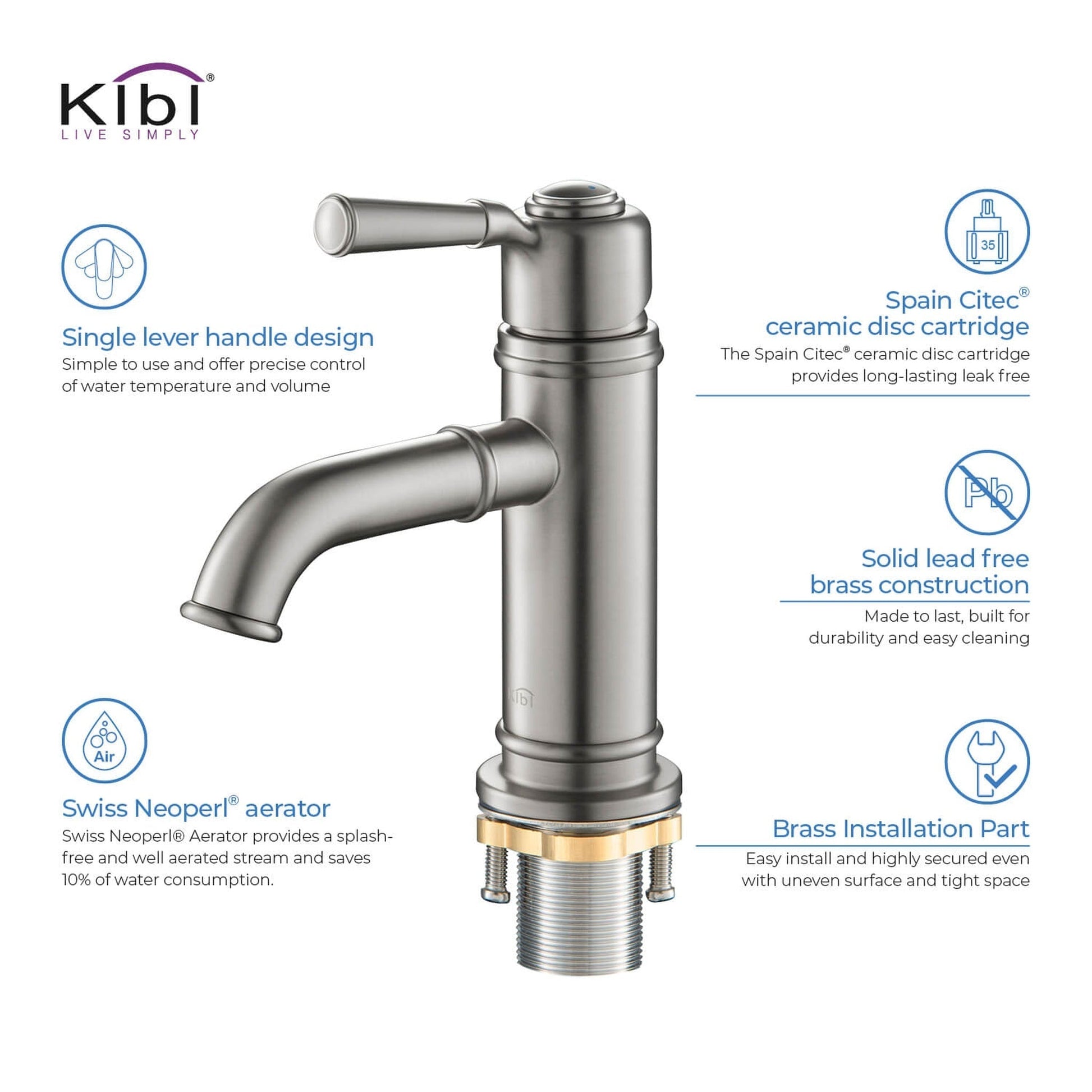KIBI Victorian Single Handle Brushed Nickel Solid Brass Bathroom Vanity Sink Faucet With Pop-Up Drain Stopper Small Cover With Overflow
