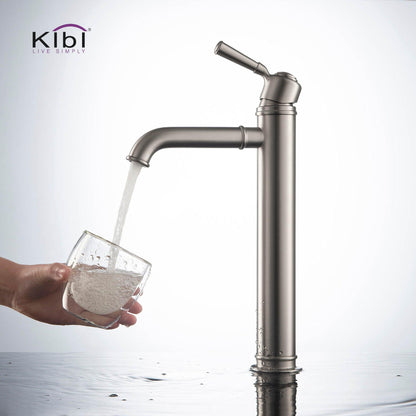 KIBI Victorian Single Handle Brushed Nickel Solid Brass Bathroom Vanity Vessel Sink Faucet With Pop-Up Drain Stopper Small Cover Without Overflow