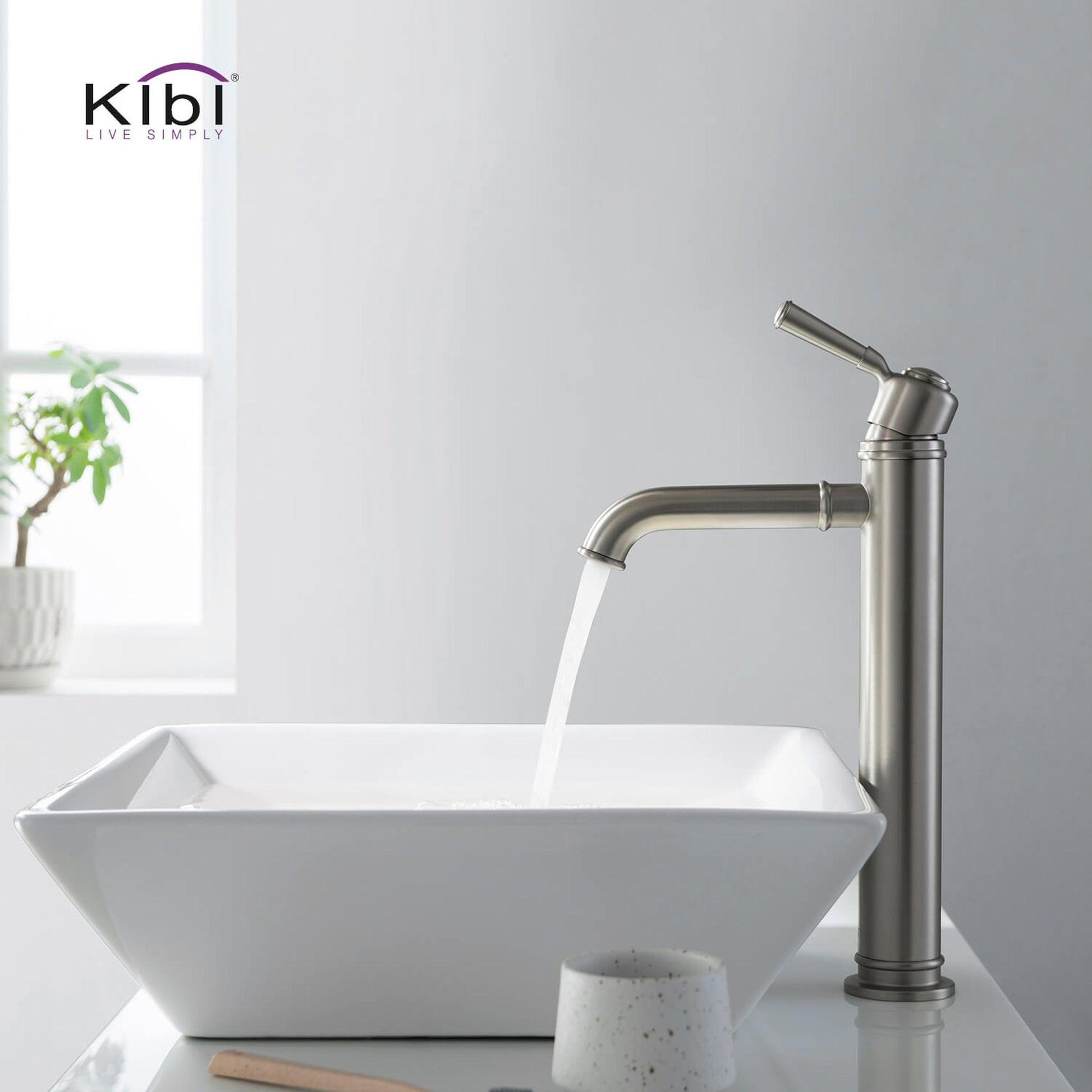KIBI Victorian Single Handle Brushed Nickel Solid Brass Bathroom Vanity Vessel Sink Faucet With Pop-Up Drain Stopper Small Cover Without Overflow