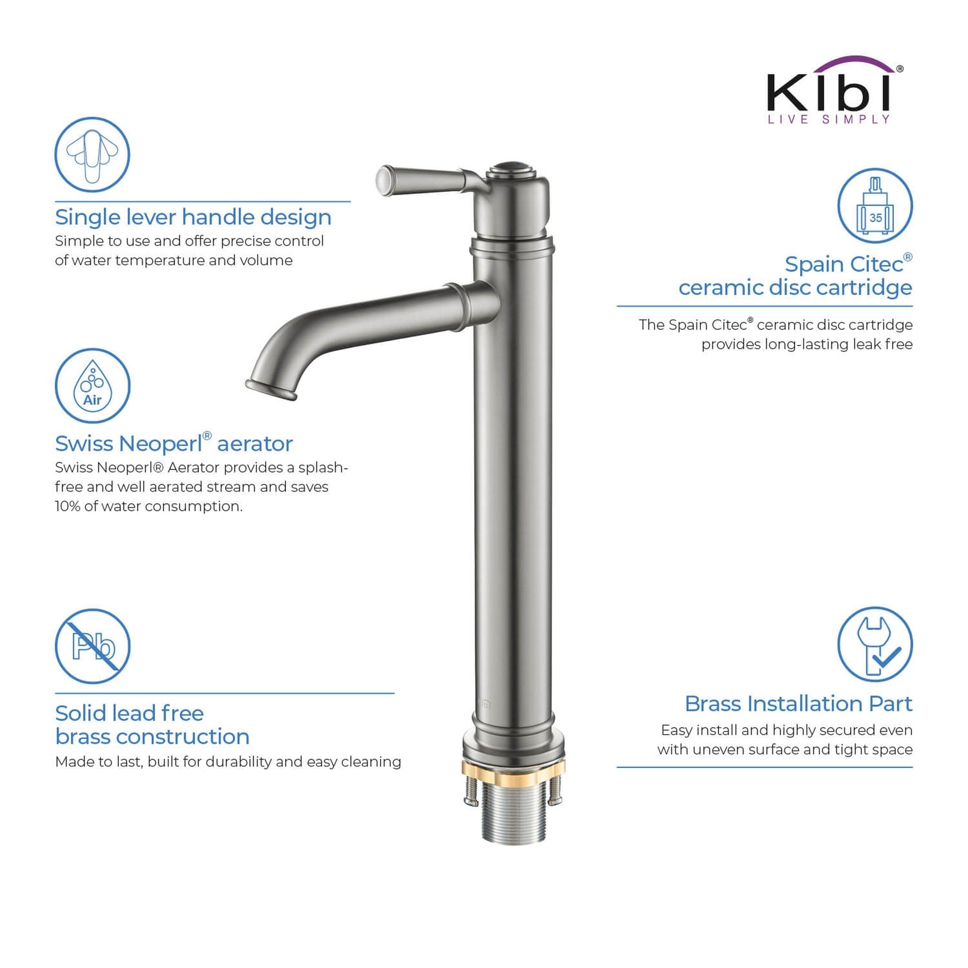 KIBI Victorian Single Handle Brushed Nickel Solid Brass Bathroom Vanity Vessel Sink Faucet With Pop-Up Drain Stopper Small Cover Without Overflow