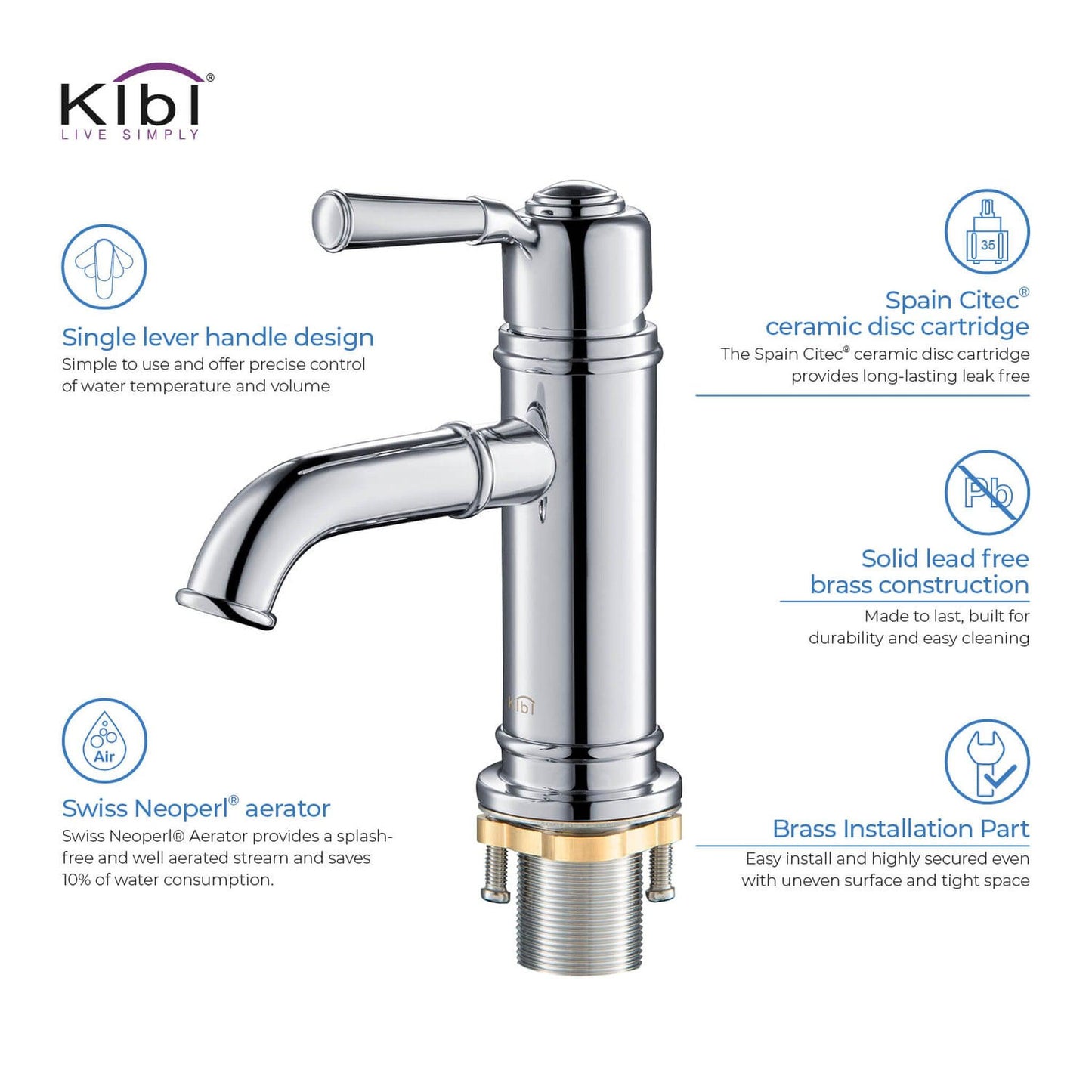 KIBI Victorian Single Handle Chrome Solid Brass Bathroom Vanity Sink Faucet With Pop-Up Drain Stopper Small Cover With Overflow