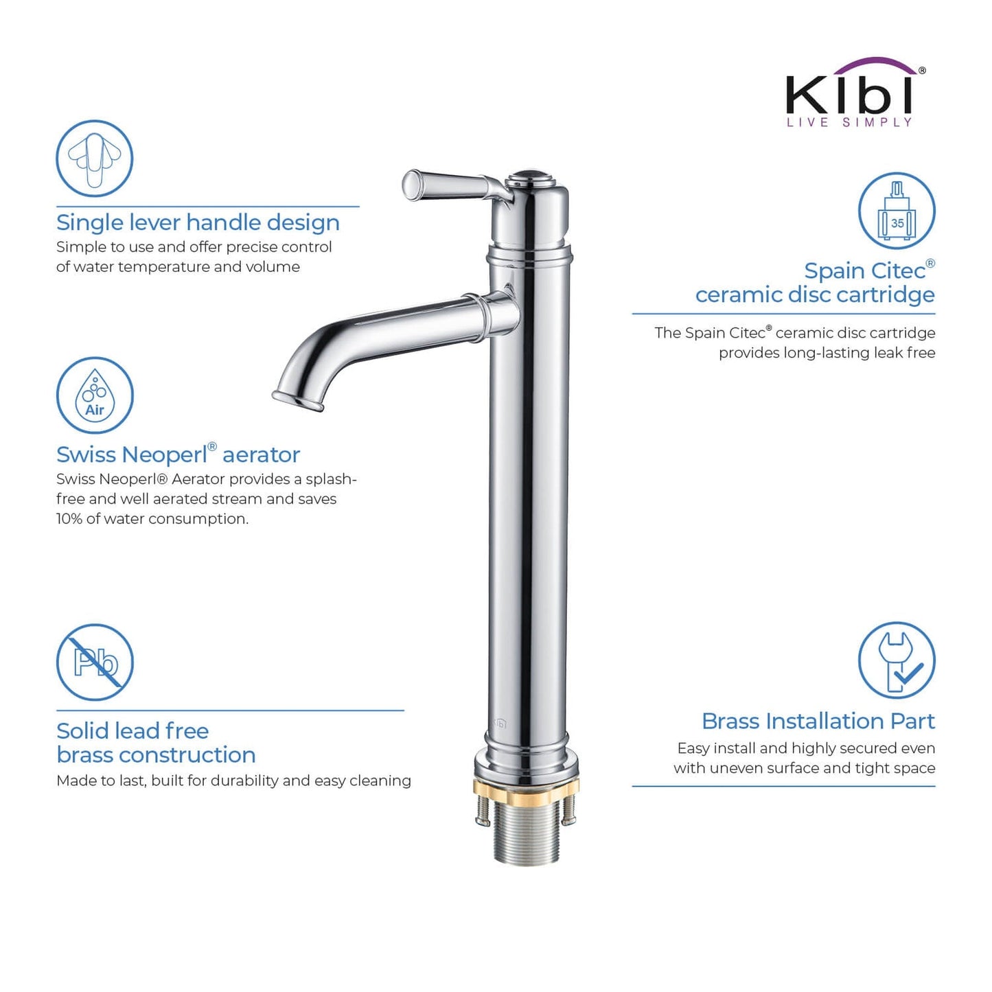 KIBI Victorian Single Handle Chrome Solid Brass Bathroom Vanity Vessel Sink Faucet