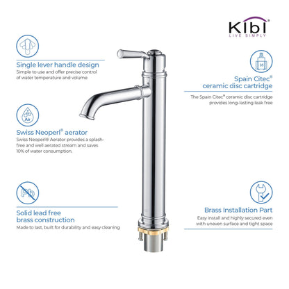 KIBI Victorian Single Handle Chrome Solid Brass Bathroom Vanity Vessel Sink Faucet