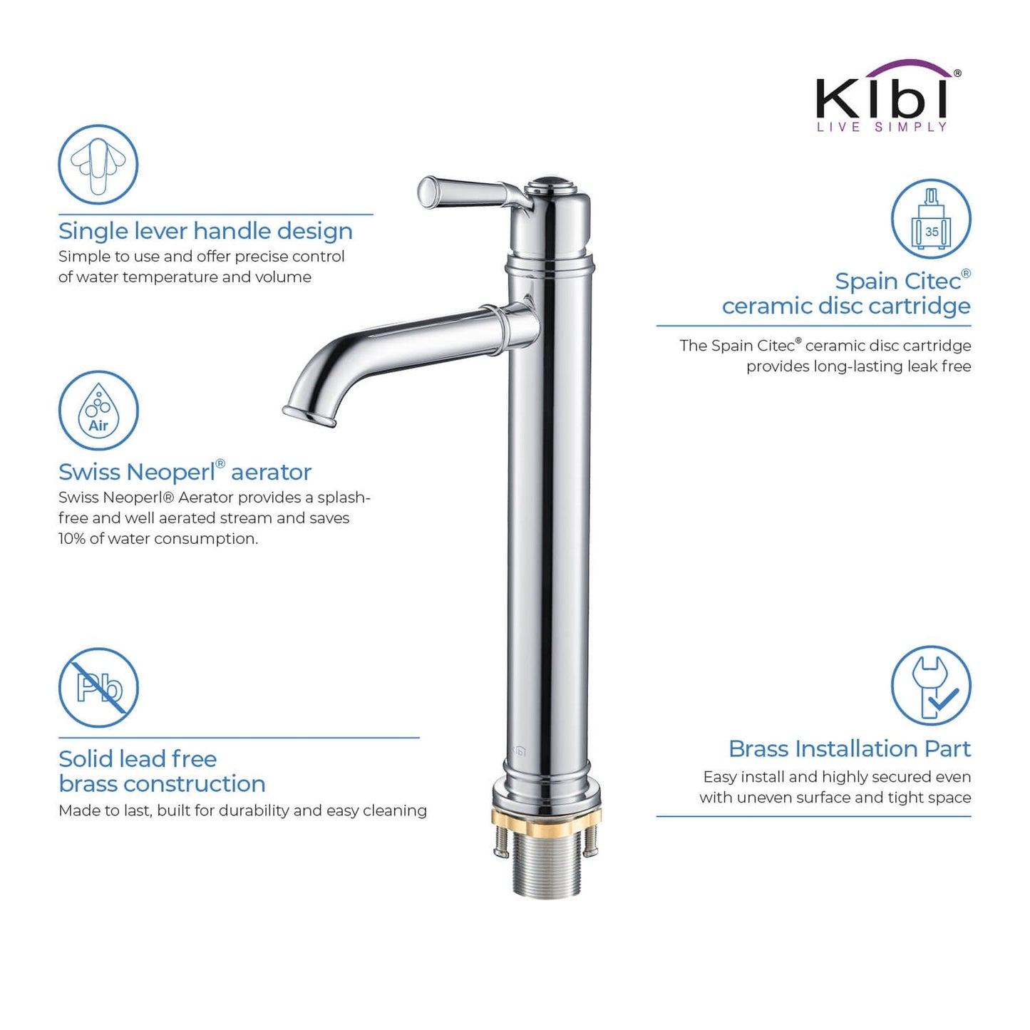 KIBI Victorian Single Handle Chrome Solid Brass Bathroom Vanity Vessel Sink Faucet With Pop-Up Drain Stopper Small Cover Without Overflow
