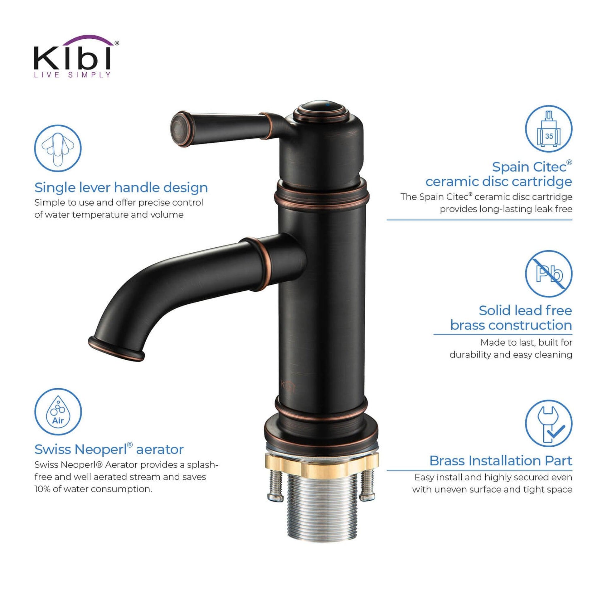 KIBI Victorian Single Handle Oil Rubbed Bronze Solid Brass Bathroom Vanity Sink Faucet