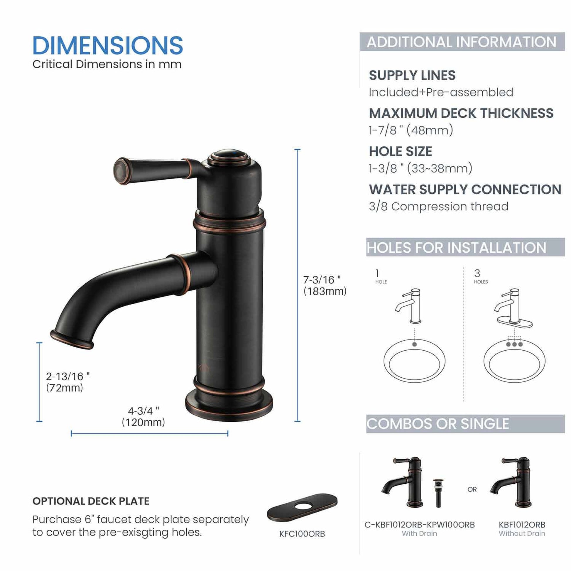 KIBI Victorian Single Handle Oil Rubbed Bronze Solid Brass Bathroom Vanity Sink Faucet With Pop-Up Drain Stopper Small Cover With Overflow