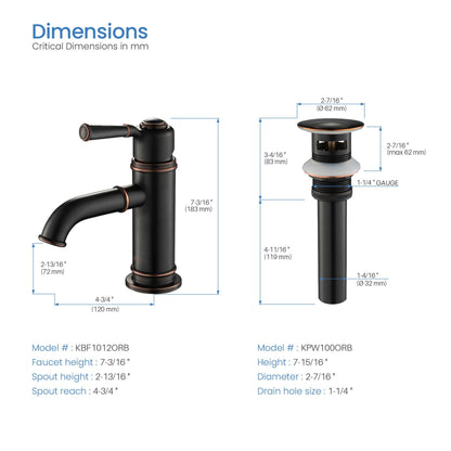 KIBI Victorian Single Handle Oil Rubbed Bronze Solid Brass Bathroom Vanity Sink Faucet With Pop-Up Drain Stopper Small Cover With Overflow
