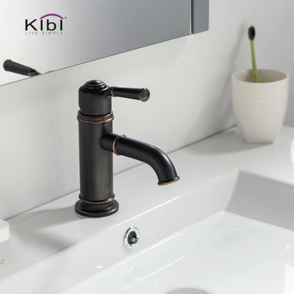 KIBI Victorian Single Handle Oil Rubbed Bronze Solid Brass Bathroom Vanity Sink Faucet With Pop-Up Drain Stopper Small Cover With Overflow