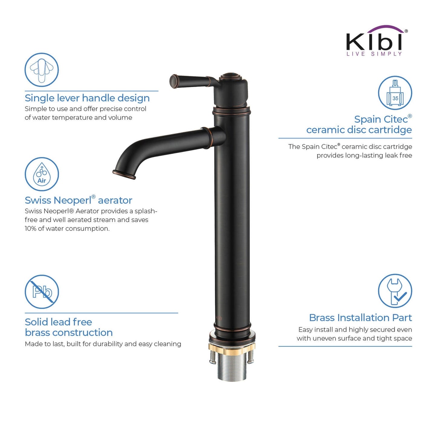 KIBI Victorian Single Handle Oil Rubbed Bronze Solid Brass Bathroom Vanity Vessel Sink Faucet