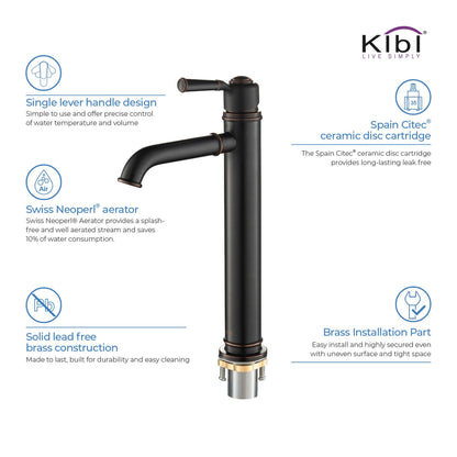 KIBI Victorian Single Handle Oil Rubbed Bronze Solid Brass Bathroom Vanity Vessel Sink Faucet With Pop-Up Drain Stopper Small Cover Without Overflow