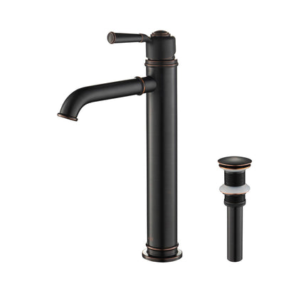 KIBI Victorian Single Handle Oil Rubbed Bronze Solid Brass Bathroom Vanity Vessel Sink Faucet With Pop-Up Drain Stopper Small Cover Without Overflow