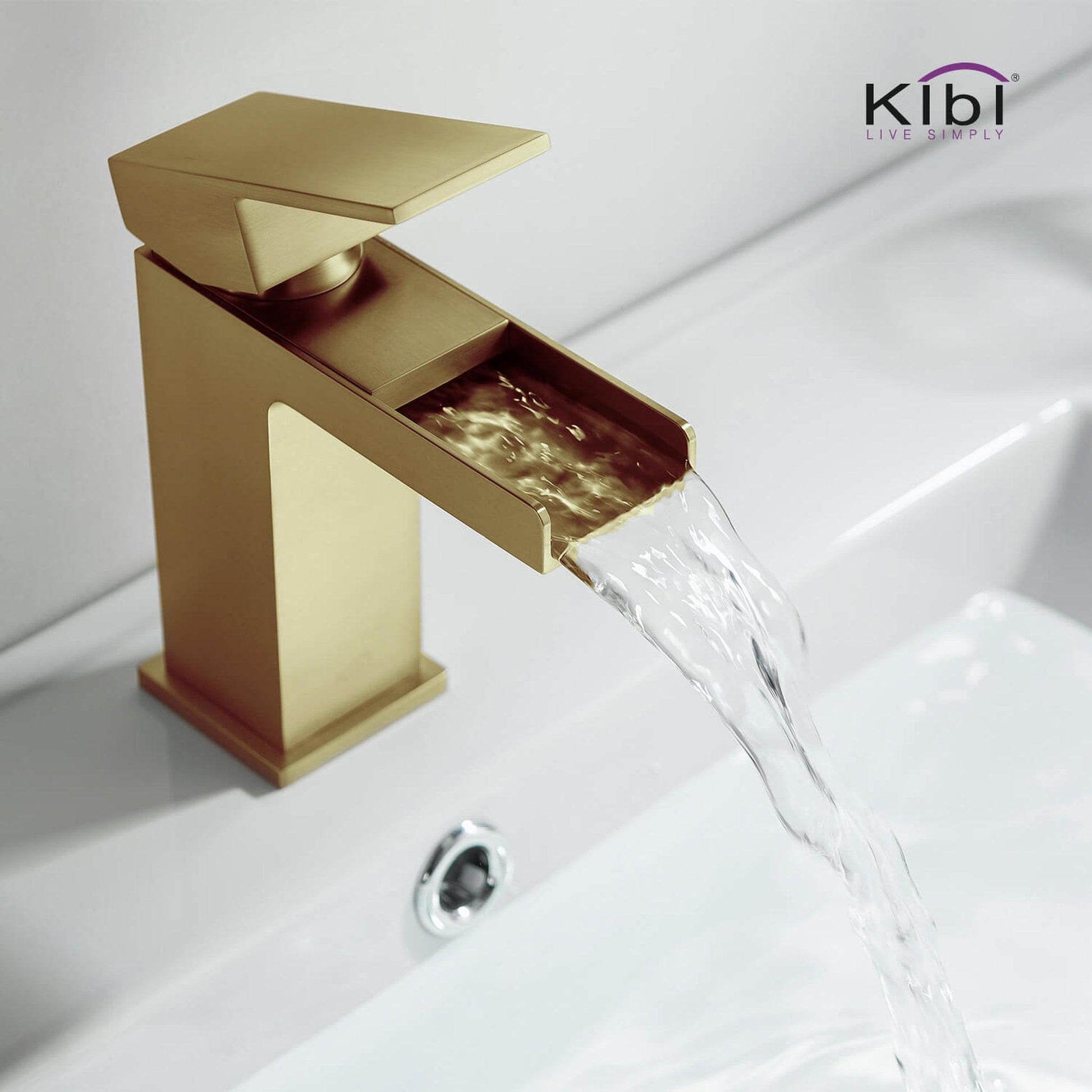 KIBI Waterfall Single Handle Brushed Gold Solid Brass Bathroom Vanity Sink Faucet