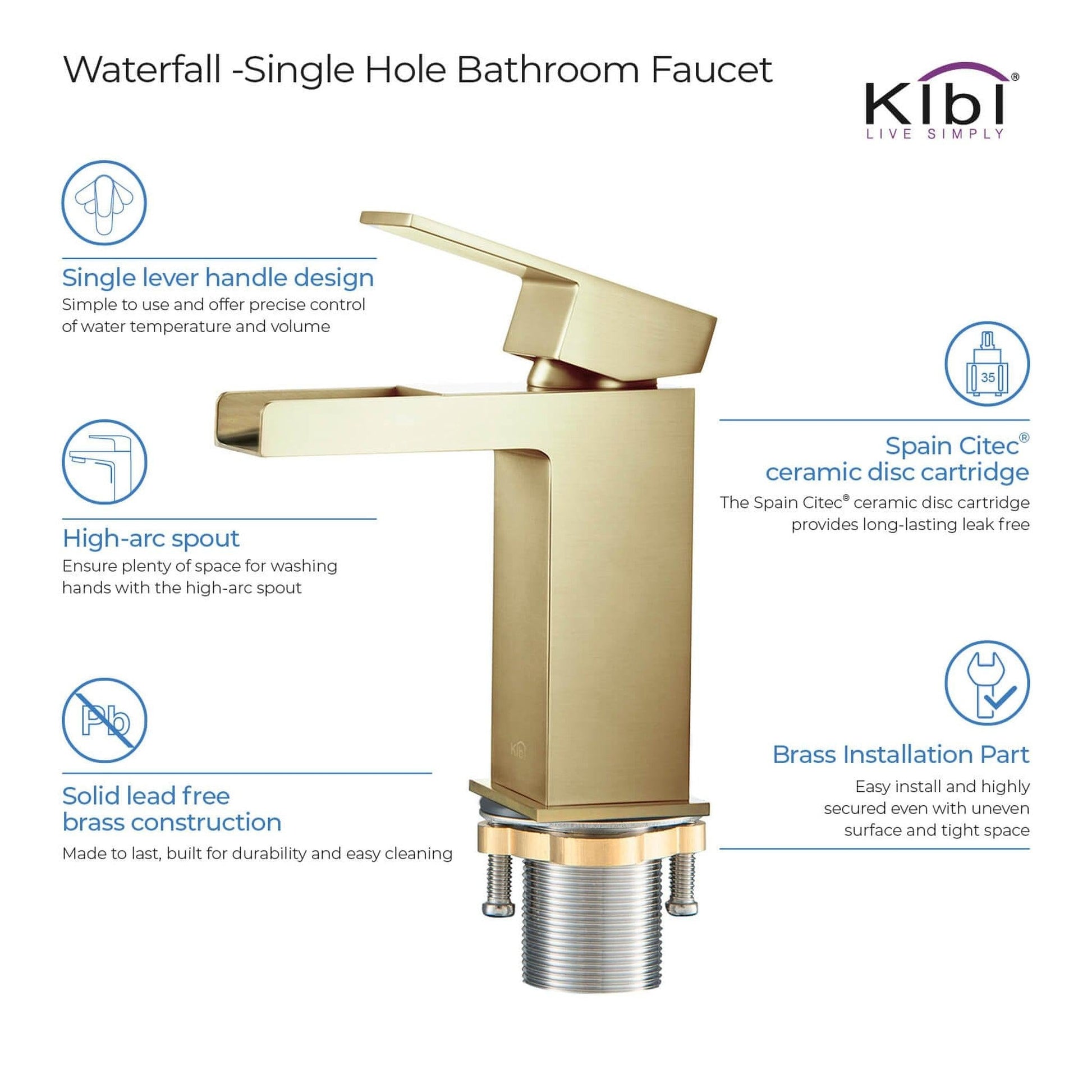 KIBI Waterfall Single Handle Brushed Gold Solid Brass Bathroom Vanity Sink Faucet