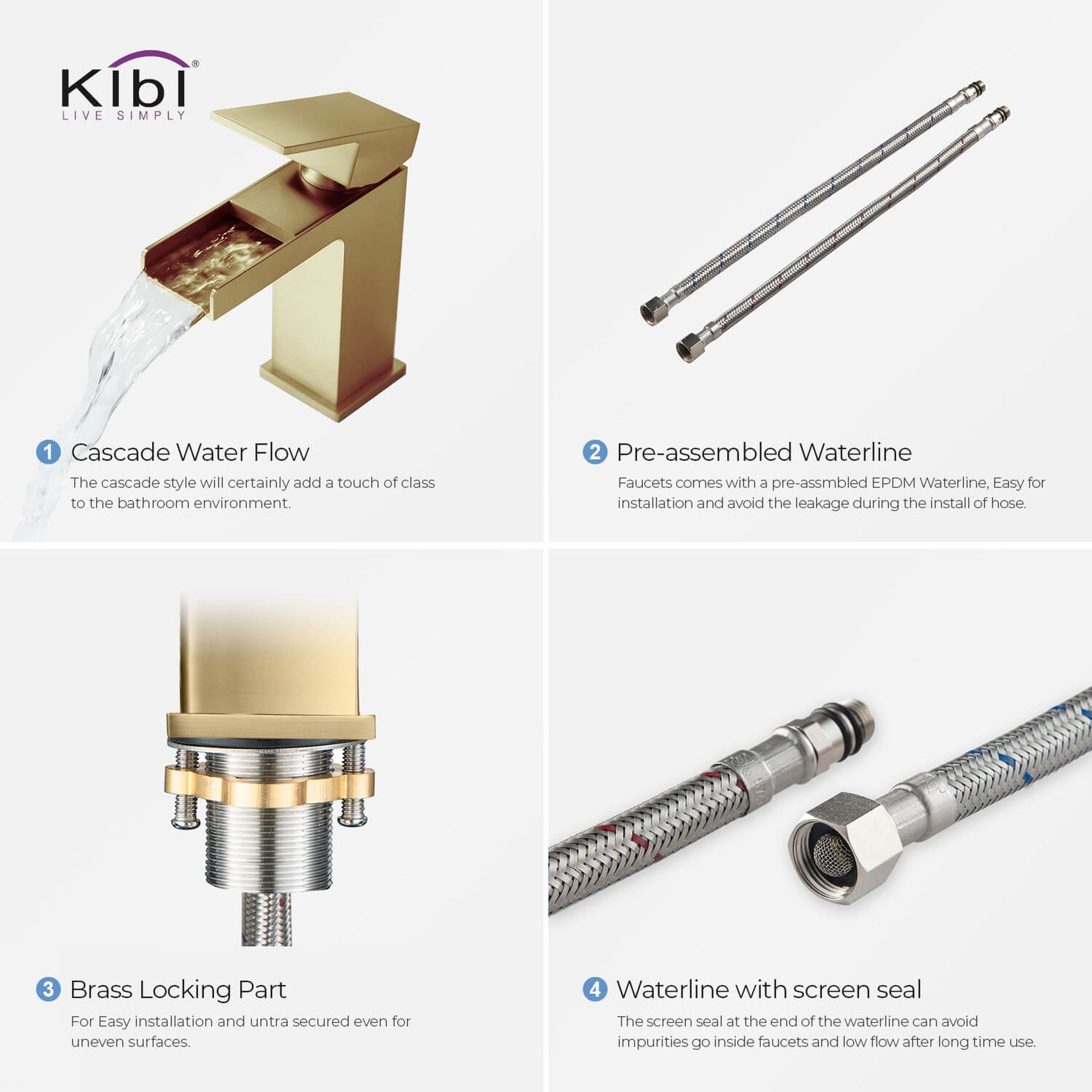 KIBI Waterfall Single Handle Brushed Gold Solid Brass Bathroom Vanity Sink Faucet