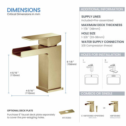 KIBI Waterfall Single Handle Brushed Gold Solid Brass Bathroom Vanity Sink Faucet