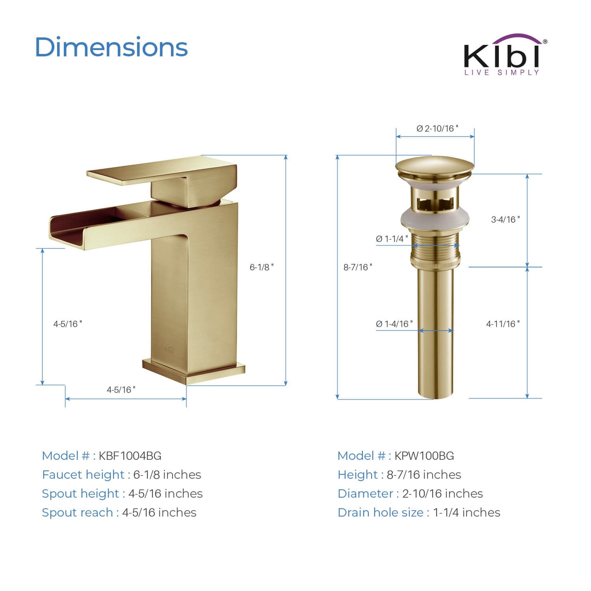 KIBI Waterfall Single Handle Brushed Gold Solid Brass Bathroom Vanity Sink Faucet With Pop-Up Drain Stopper Small Cover With Overflow