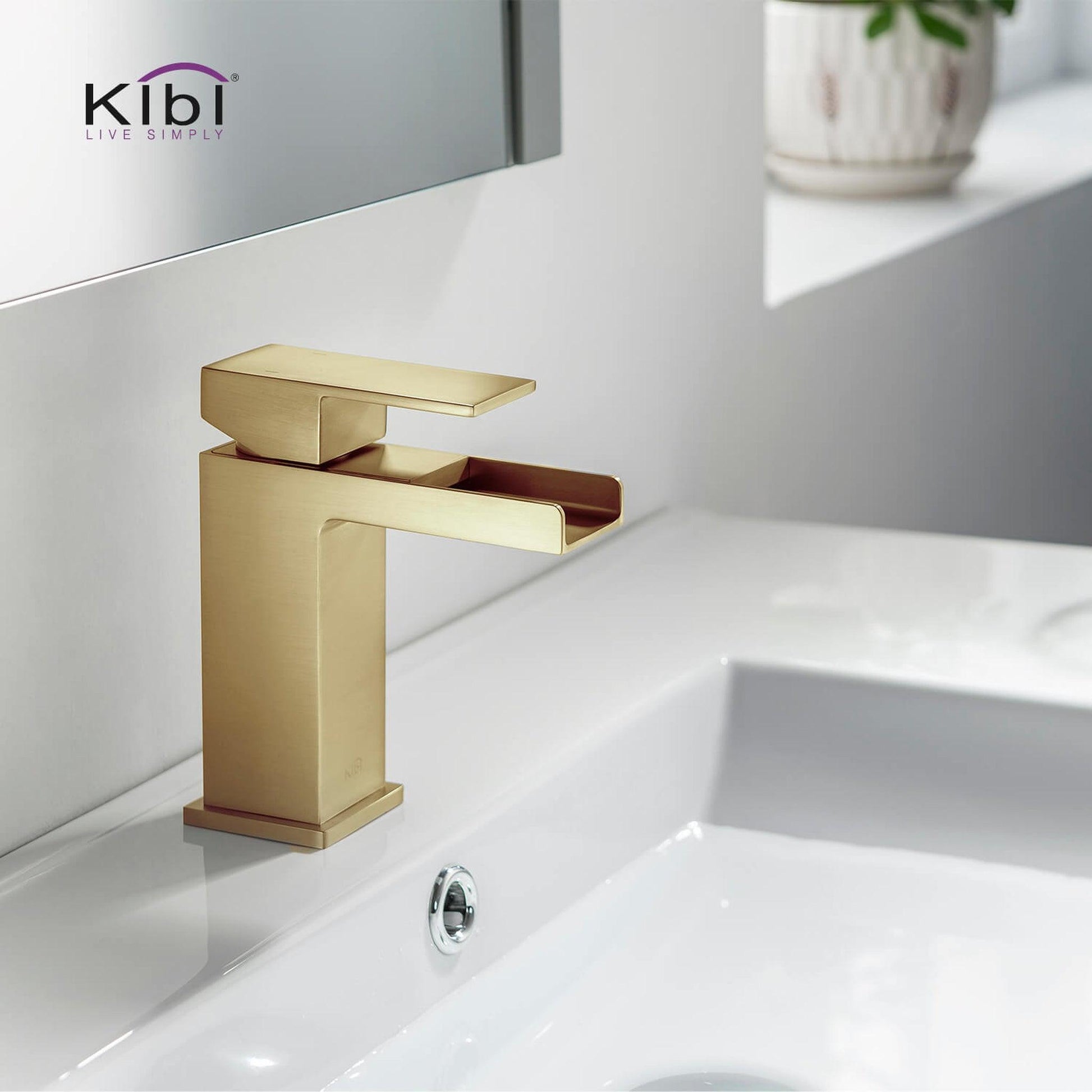 KIBI Waterfall Single Handle Brushed Gold Solid Brass Bathroom Vanity Sink Faucet With Pop-Up Drain Stopper Small Cover With Overflow