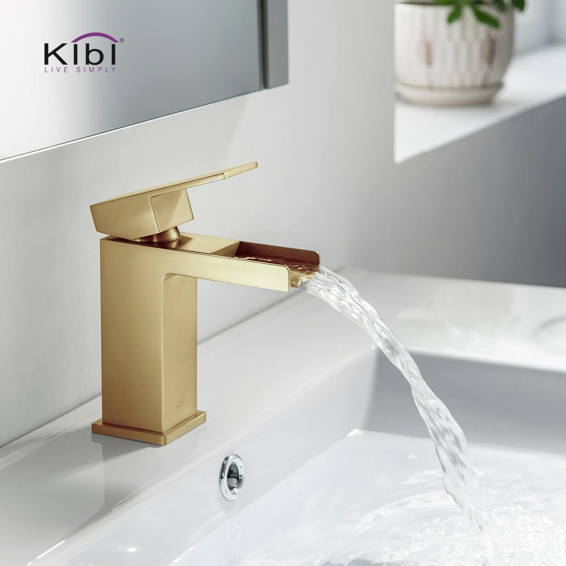 KIBI Waterfall Single Handle Brushed Gold Solid Brass Bathroom Vanity Sink Faucet With Pop-Up Drain Stopper Small Cover With Overflow