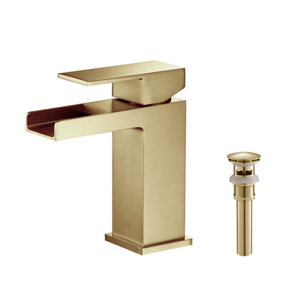 KIBI Waterfall Single Handle Brushed Gold Solid Brass Bathroom Vanity Sink Faucet With Pop-Up Drain Stopper Small Cover With Overflow