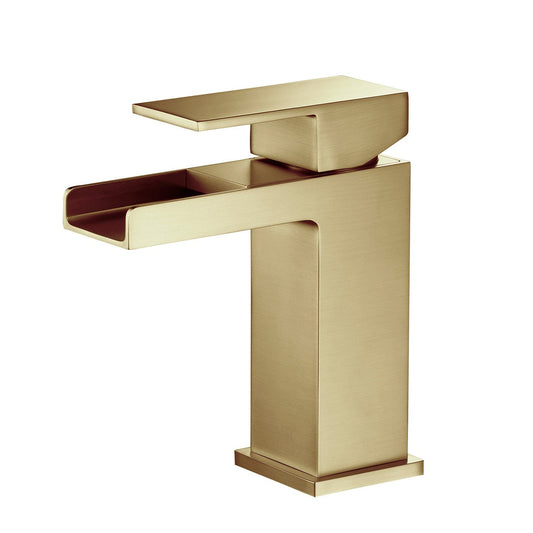 KIBI Waterfall Single Handle Brushed Gold Solid Brass Bathroom Vanity Sink Faucet