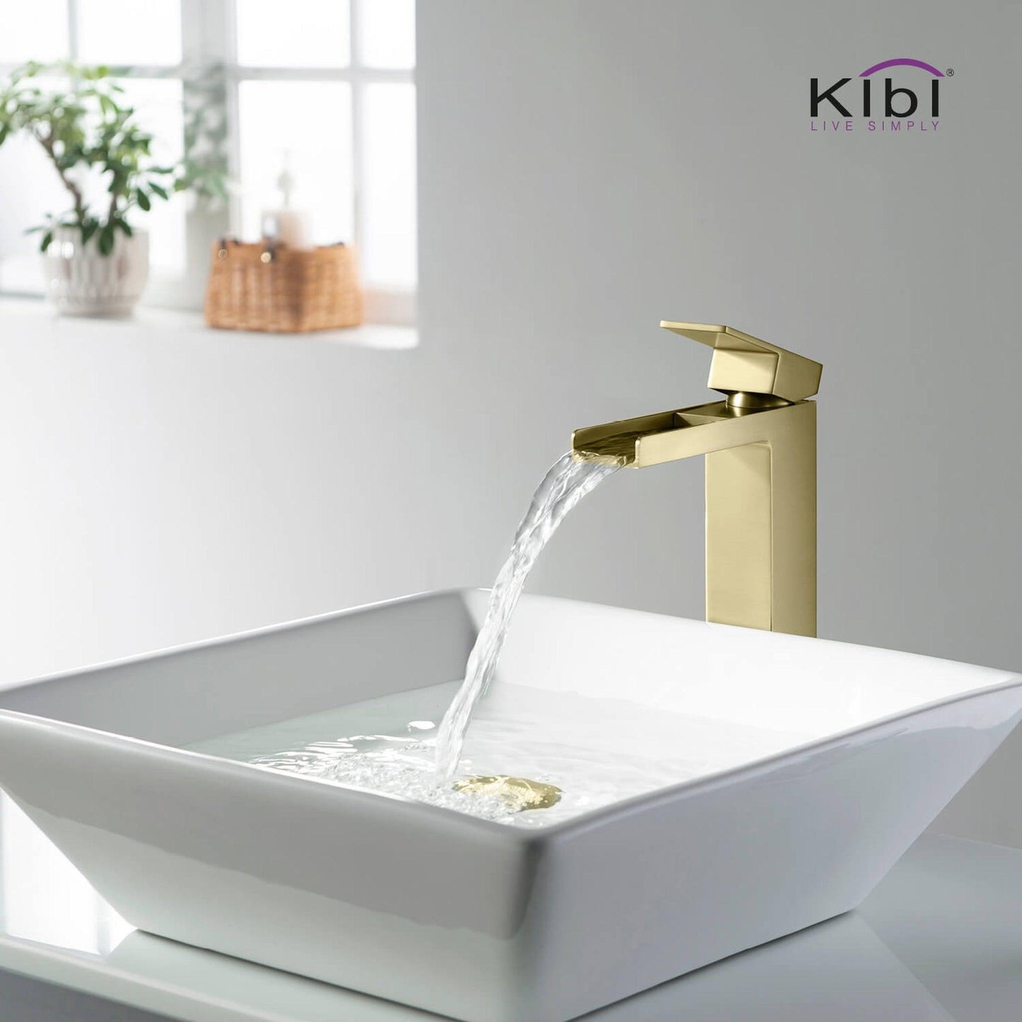 KIBI Waterfall Single Handle Brushed Gold Solid Brass Bathroom Vanity Vessel Sink Faucet