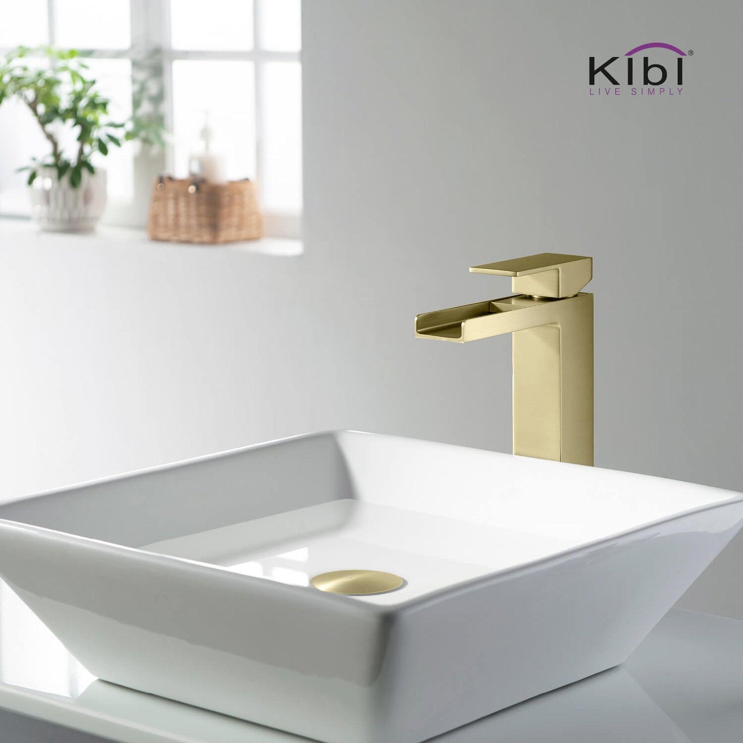 KIBI Waterfall Single Handle Brushed Gold Solid Brass Bathroom Vanity Vessel Sink Faucet
