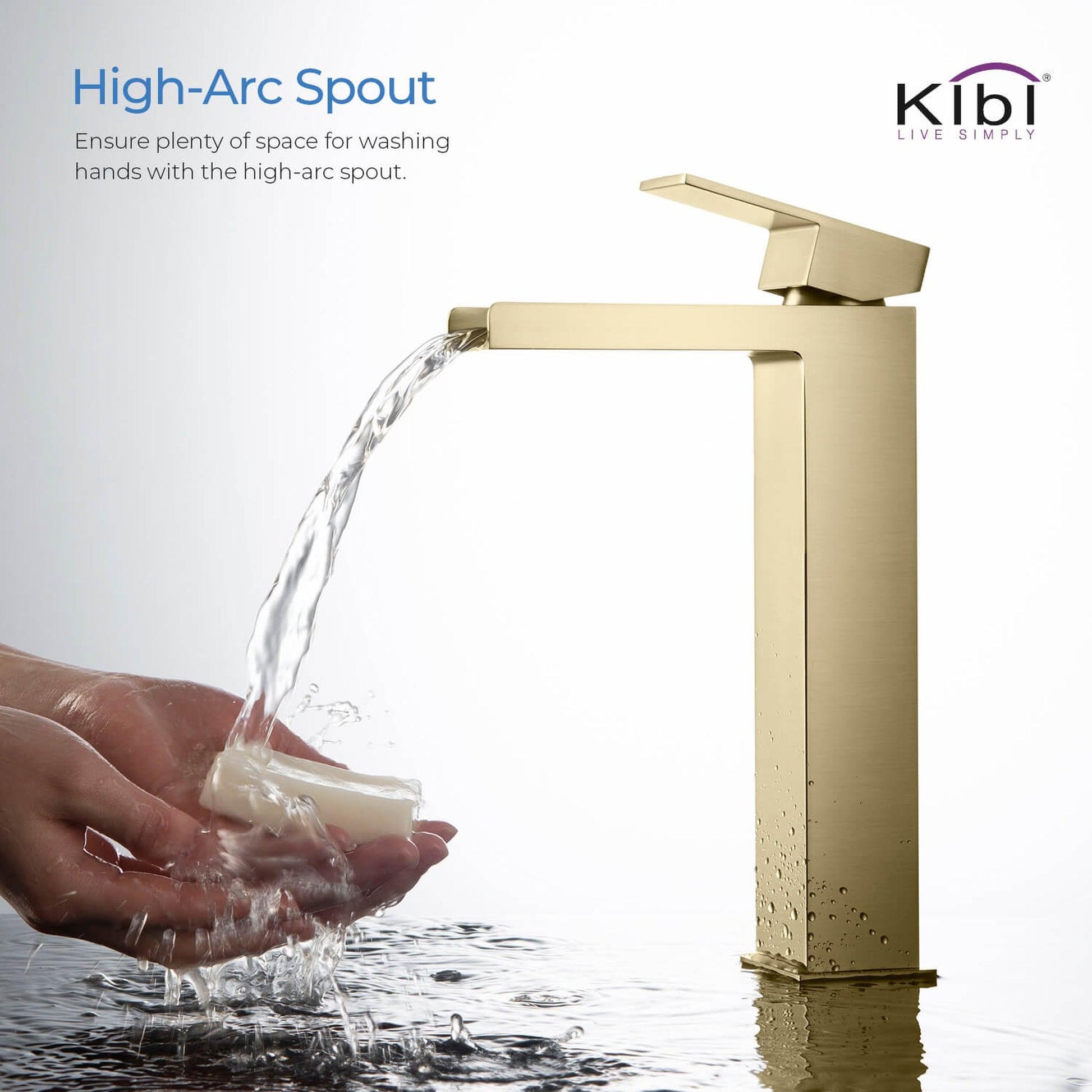 KIBI Waterfall Single Handle Brushed Gold Solid Brass Bathroom Vanity Vessel Sink Faucet