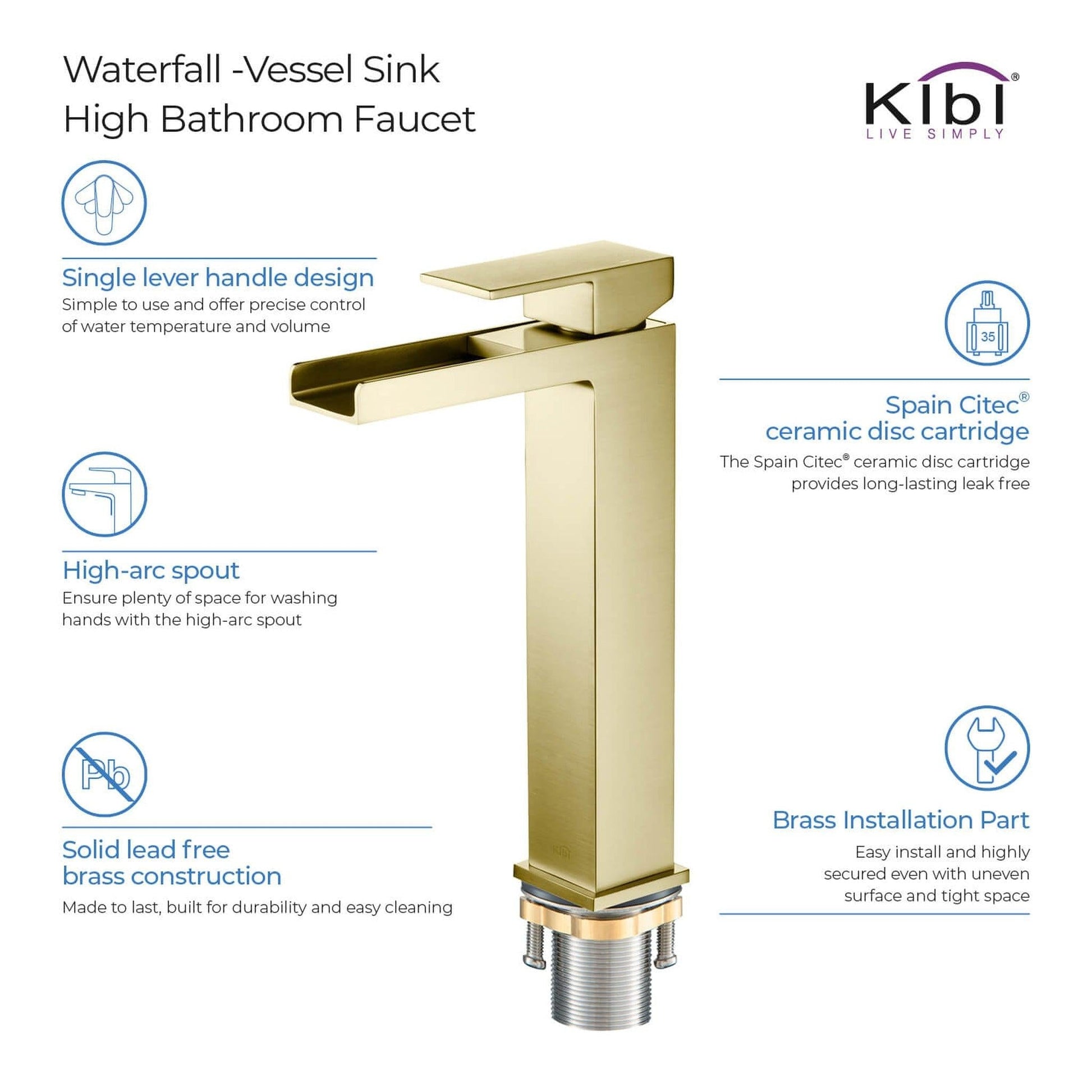 KIBI Waterfall Single Handle Brushed Gold Solid Brass Bathroom Vanity Vessel Sink Faucet