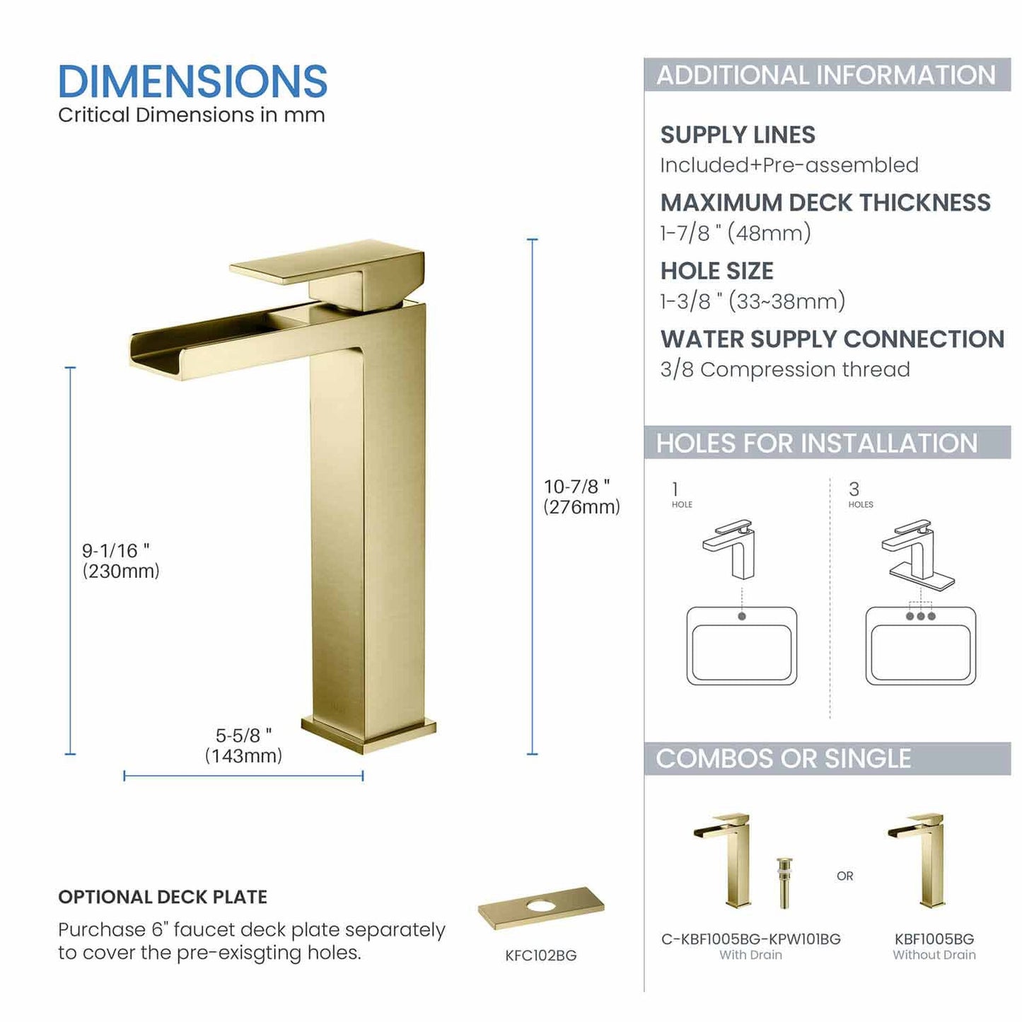 KIBI Waterfall Single Handle Brushed Gold Solid Brass Bathroom Vanity Vessel Sink Faucet