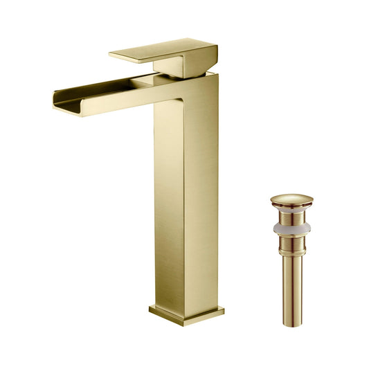 KIBI Waterfall Single Handle Brushed Gold Solid Brass Bathroom Vanity Vessel Sink Faucet With Pop-Up Drain Stopper Small Cover Without Overflow