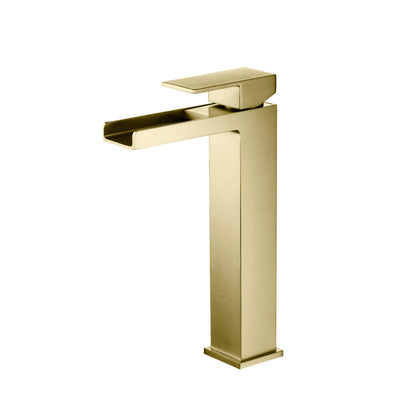 KIBI Waterfall Single Handle Brushed Gold Solid Brass Bathroom Vanity Vessel Sink Faucet