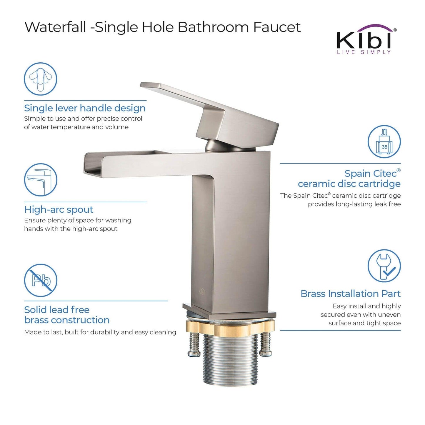 KIBI Waterfall Single Handle Brushed Nickel Solid Brass Bathroom Vanity Sink Faucet