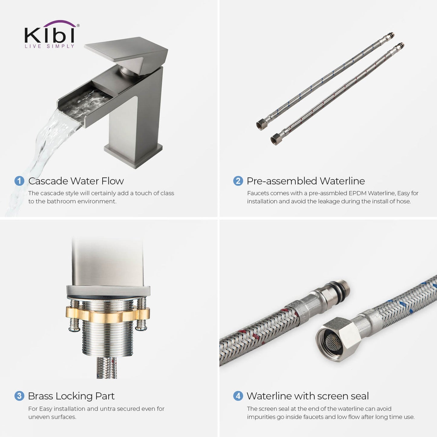 KIBI Waterfall Single Handle Brushed Nickel Solid Brass Bathroom Vanity Sink Faucet