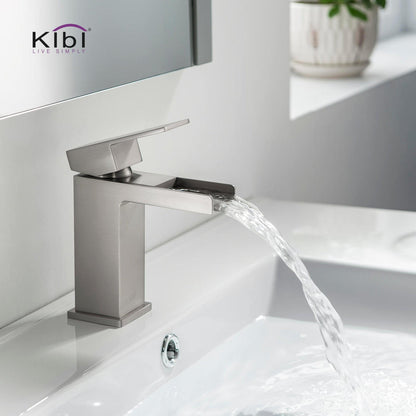 KIBI Waterfall Single Handle Brushed Nickel Solid Brass Bathroom Vanity Sink Faucet With Pop-Up Drain Stopper Small Cover With Overflow
