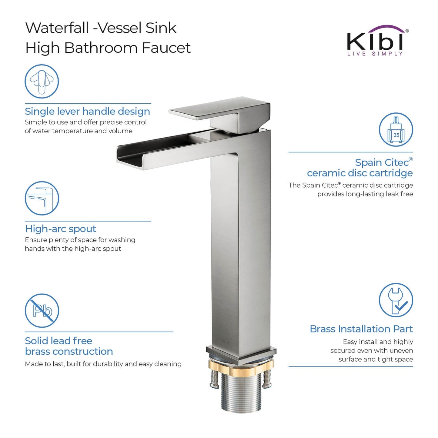 KIBI Waterfall Single Handle Brushed Nickel Solid Brass Bathroom Vanity Vessel Sink Faucet