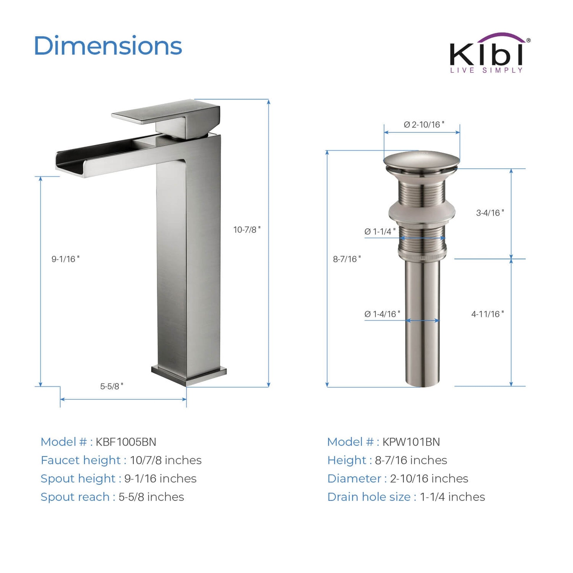 KIBI Waterfall Single Handle Brushed Nickel Solid Brass Bathroom Vanity Vessel Sink Faucet With Pop-Up Drain Stopper Small Cover Without Overflow