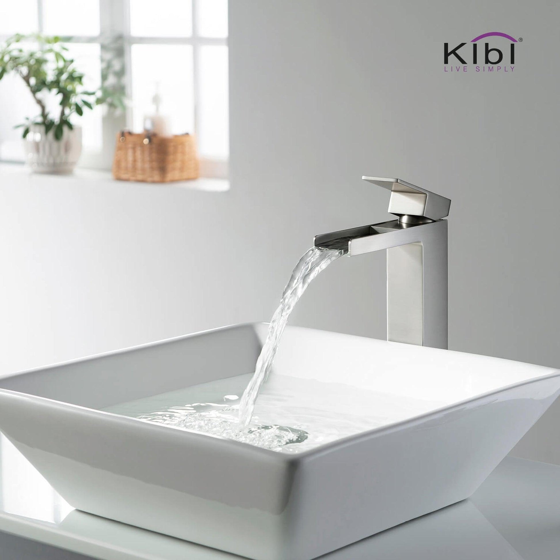 KIBI Waterfall Single Handle Brushed Nickel Solid Brass Bathroom Vanity Vessel Sink Faucet With Pop-Up Drain Stopper Small Cover Without Overflow