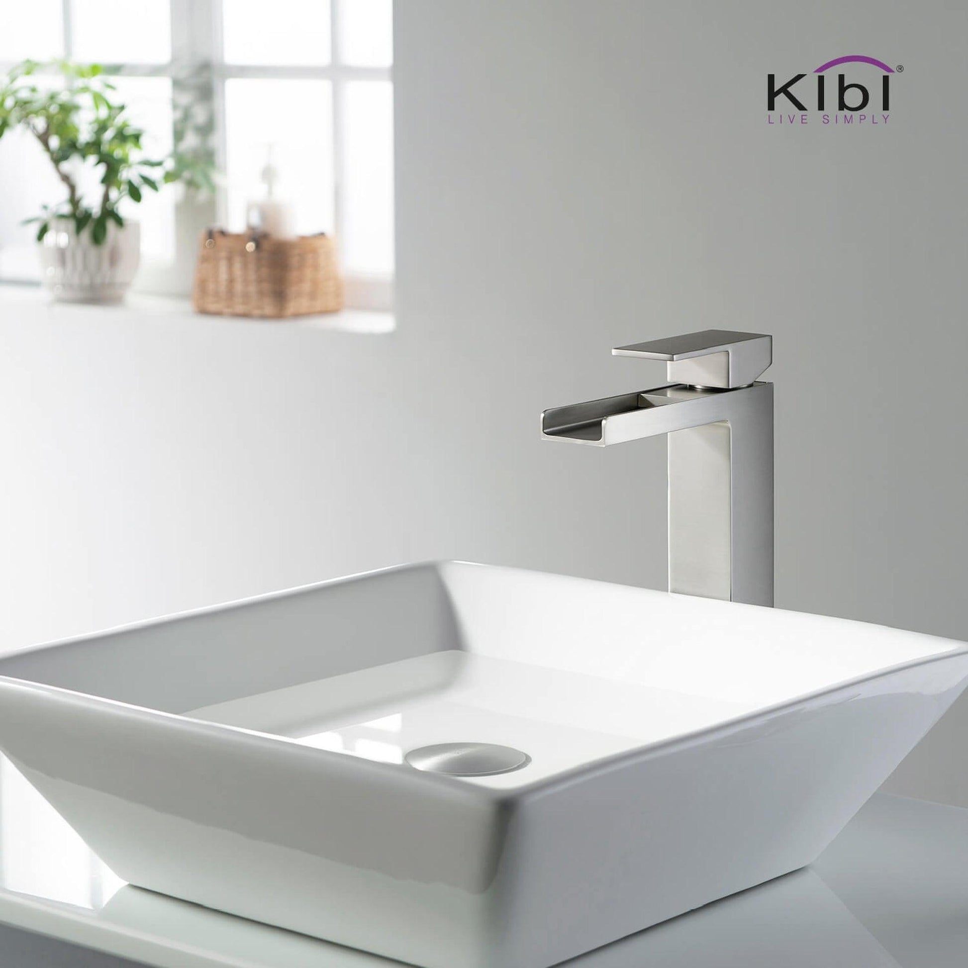 KIBI Waterfall Single Handle Brushed Nickel Solid Brass Bathroom Vanity Vessel Sink Faucet With Pop-Up Drain Stopper Small Cover Without Overflow
