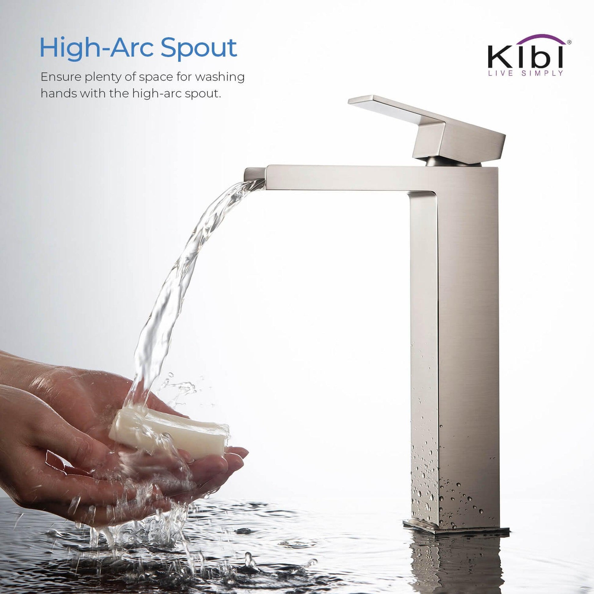 KIBI Waterfall Single Handle Brushed Nickel Solid Brass Bathroom Vanity Vessel Sink Faucet With Pop-Up Drain Stopper Small Cover Without Overflow