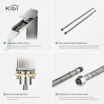 KIBI Waterfall Single Handle Brushed Nickel Solid Brass Bathroom Vanity Vessel Sink Faucet With Pop-Up Drain Stopper Small Cover Without Overflow